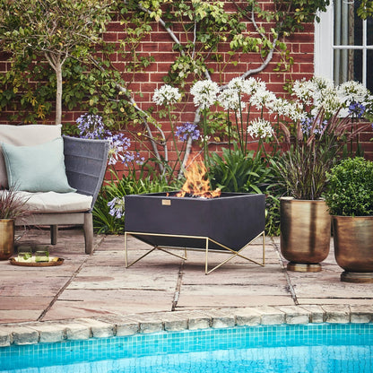 Gemini Outdoor Fire Pit with Geometric Frame in Matte Black/Antique Gold by Ivyline - Mouse & Manor