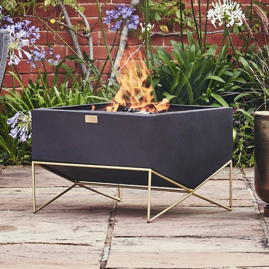 Gemini Outdoor Fire Pit with Geometric Frame in Matte Black/Antique Gold by Ivyline - Mouse & Manor